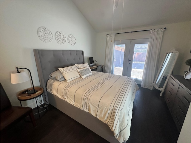 bedroom featuring lofted ceiling, french doors, and access to exterior