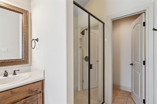 bathroom featuring a stall shower, vanity, and tile patterned floors