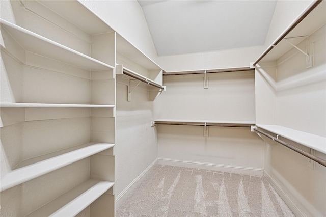 walk in closet featuring light colored carpet