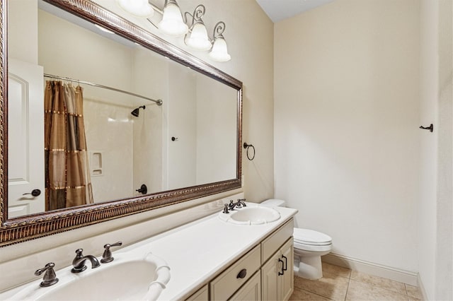 bathroom featuring tile patterned flooring, a sink, toilet, and double vanity