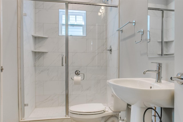 full bathroom featuring toilet, a stall shower, and a sink