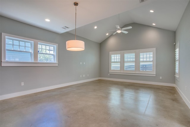 empty room featuring visible vents, baseboards, lofted ceiling, concrete flooring, and recessed lighting