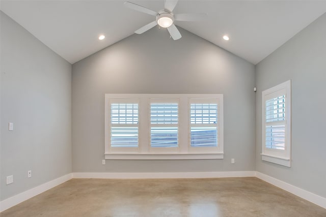 unfurnished room with a ceiling fan, recessed lighting, vaulted ceiling, and baseboards