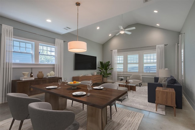 dining space with lofted ceiling, ceiling fan, visible vents, and recessed lighting