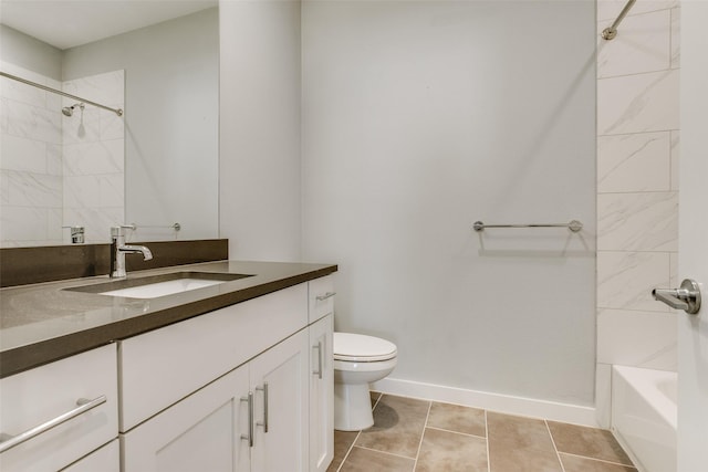 full bathroom featuring tile patterned flooring, toilet, shower / bath combination, vanity, and baseboards