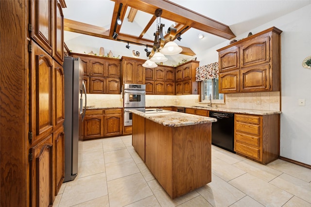 kitchen with stainless steel appliances, vaulted ceiling with beams, a kitchen island, and decorative backsplash