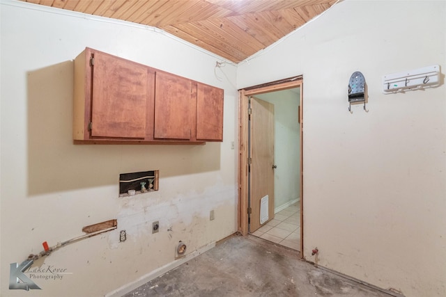 clothes washing area featuring washer hookup, wooden ceiling, cabinet space, and electric dryer hookup