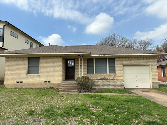 ranch-style house featuring a garage, brick siding, concrete driveway, roof with shingles, and a front yard