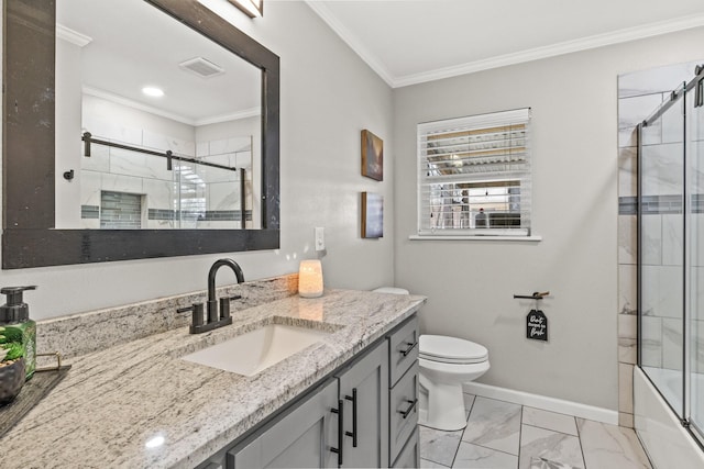 full bathroom with toilet, visible vents, crown molding, and baseboards