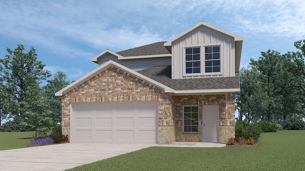 view of front facade with board and batten siding, a front yard, a shingled roof, and an attached garage