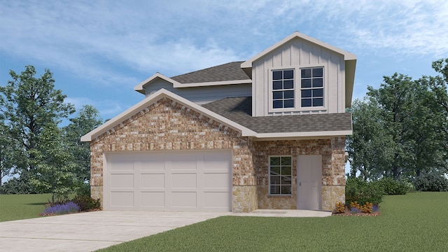 view of front facade with board and batten siding, a front yard, a shingled roof, and an attached garage