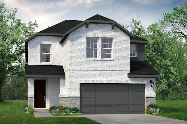 view of front of house with a garage, a front yard, brick siding, and driveway