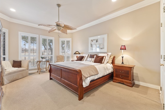 bedroom with crown molding, recessed lighting, light carpet, ceiling fan, and baseboards