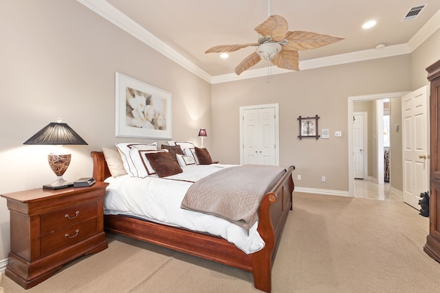 bedroom with crown molding, recessed lighting, light colored carpet, visible vents, and baseboards