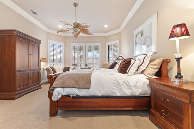 bedroom featuring light carpet, recessed lighting, visible vents, and ornamental molding