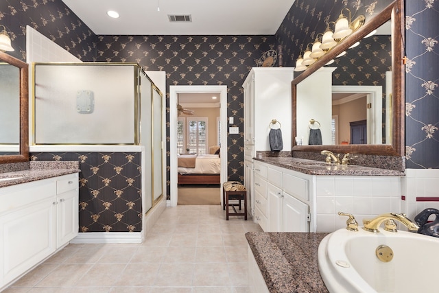 full bathroom with connected bathroom, a sink, visible vents, tile patterned floors, and wallpapered walls