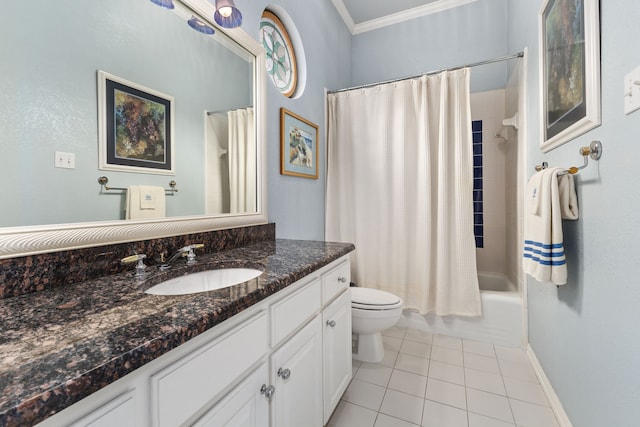 full bath with toilet, ornamental molding, shower / bath combo, vanity, and tile patterned flooring