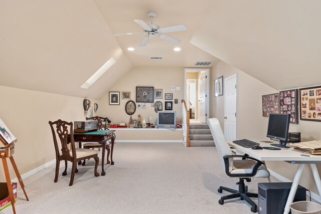 10 Fair Green Dr, Trophy Club, TX 76262 - home office with a skylight, lofted ceiling, light carpet, a ceiling fan, and recessed lighting
