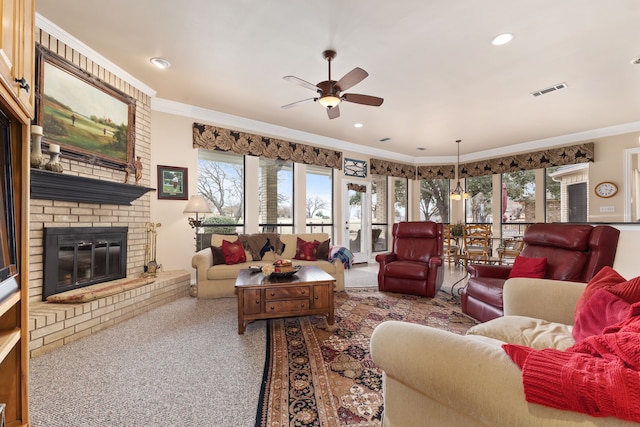 10 Fair Green Dr, Trophy Club, TX 76262 - living room with a ceiling fan, crown molding, a brick fireplace, plenty of natural light, and recessed lighting