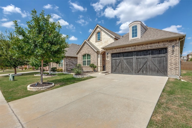 french country home with a front yard, brick siding, and driveway