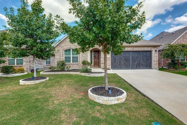 view of front of home featuring concrete driveway, brick siding, an attached garage, and a front lawn