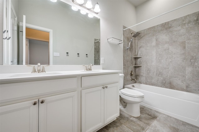 bathroom featuring shower / bath combination, a sink, toilet, and double vanity