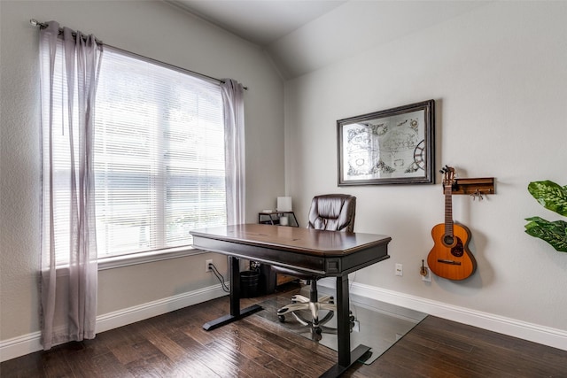 home office with lofted ceiling, dark wood-style flooring, and baseboards