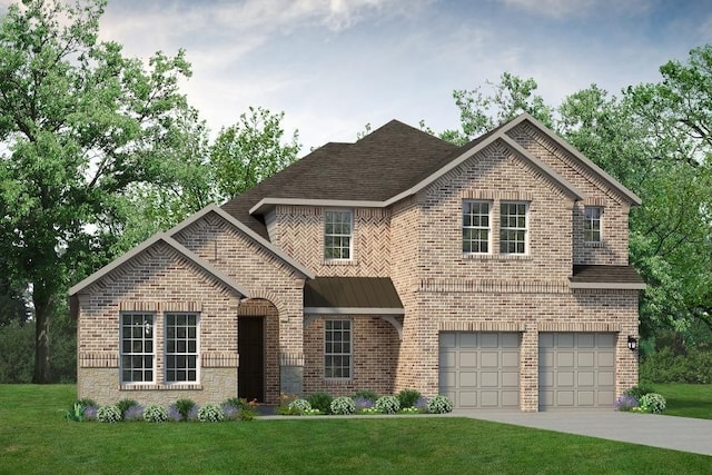 view of front of house with an attached garage, brick siding, a shingled roof, concrete driveway, and a front yard