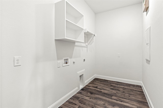 551 Baker Ct, Fate, TX 75189 - clothes washing area featuring hookup for a gas dryer, hookup for an electric dryer, washer hookup, dark wood-type flooring, and baseboards
