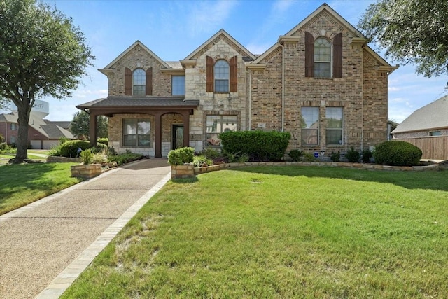 view of front of home featuring a front yard, stone siding, and brick siding