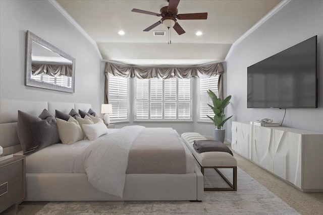 bedroom with carpet, crown molding, recessed lighting, visible vents, and ceiling fan