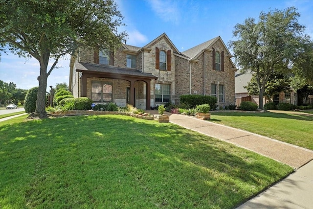 view of front of home with stone siding and a front lawn