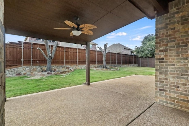 view of patio / terrace featuring a fenced backyard and a ceiling fan