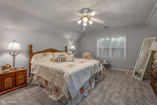 bedroom with lofted ceiling, a ceiling fan, visible vents, and light colored carpet