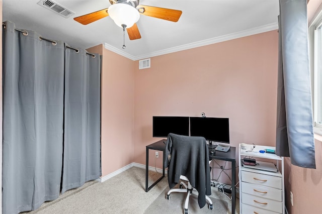 office featuring ceiling fan, baseboards, visible vents, and crown molding