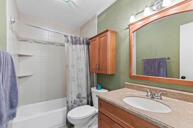 bathroom with a textured wall, toilet, shower / tub combo with curtain, a textured ceiling, and vanity