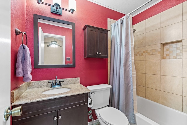 bathroom with toilet, a textured wall, shower / bath combo, and vanity