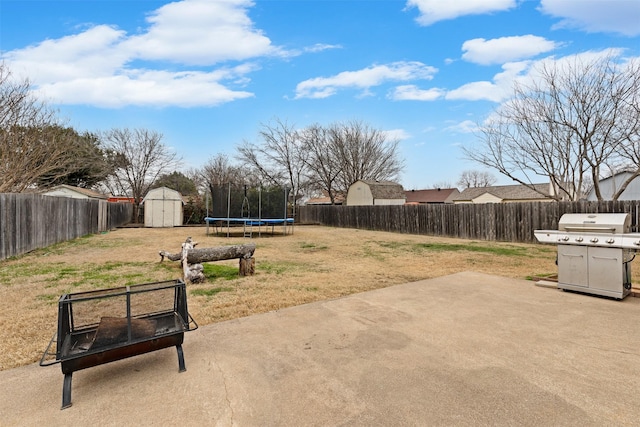 view of yard featuring a trampoline, a storage unit, a patio area, a fenced backyard, and an outdoor structure