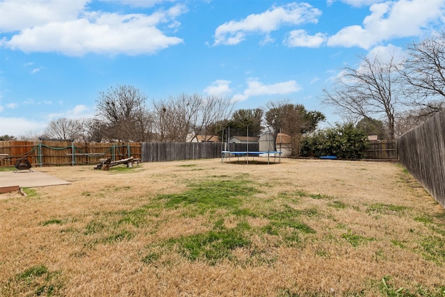 view of yard with a fenced backyard and a trampoline