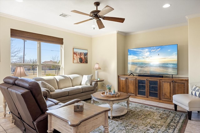 living room with light tile patterned floors, visible vents, ceiling fan, crown molding, and recessed lighting