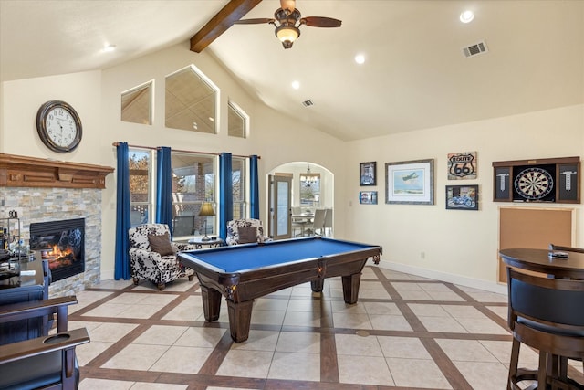 rec room with arched walkways, recessed lighting, visible vents, baseboards, and beamed ceiling