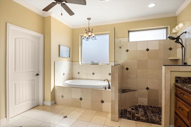 full bathroom with a bath, tile patterned flooring, walk in shower, and crown molding