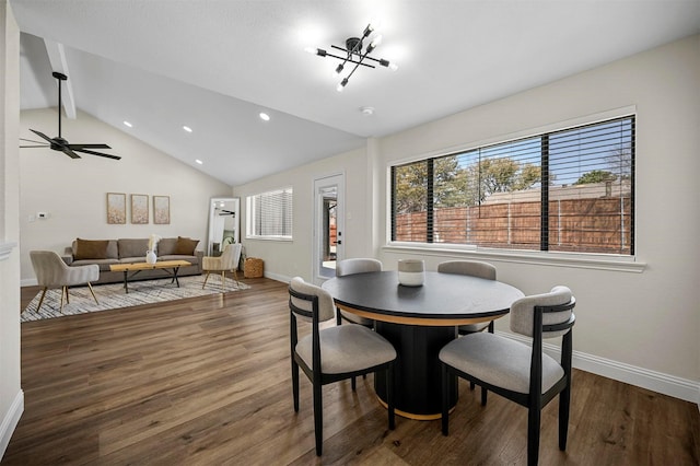 dining area with recessed lighting, lofted ceiling with beams, baseboards, and wood finished floors