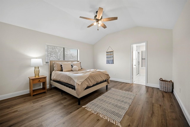 bedroom featuring ceiling fan, baseboards, lofted ceiling, and wood finished floors