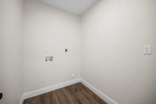 laundry room featuring dark wood-type flooring, baseboards, laundry area, hookup for a washing machine, and hookup for an electric dryer