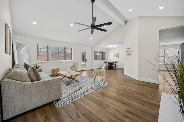 living room with ceiling fan, baseboards, beamed ceiling, recessed lighting, and wood finished floors