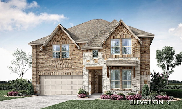 view of front of house featuring a garage, stone siding, brick siding, and concrete driveway