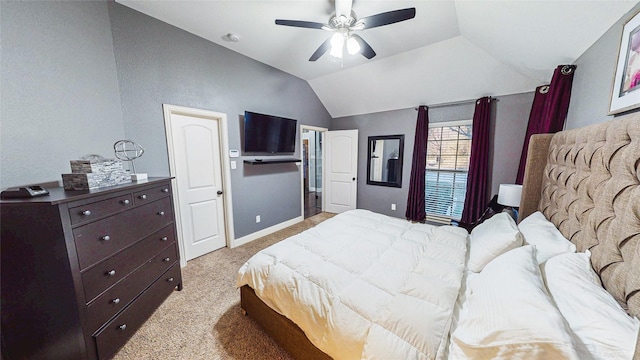 bedroom featuring light carpet, baseboards, a ceiling fan, and lofted ceiling