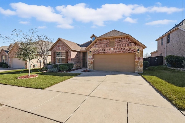 view of front facade with brick siding, concrete driveway, a front yard, a garage, and stone siding