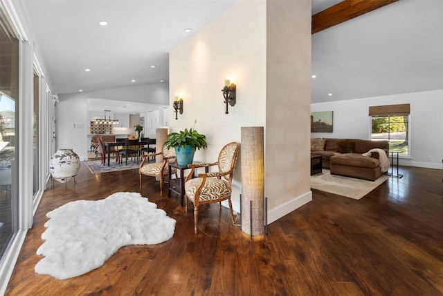 interior space featuring high vaulted ceiling, recessed lighting, dark wood finished floors, and baseboards